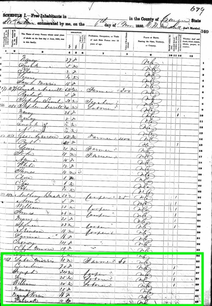 November 6, 1850 - Nancy MORRIS is in the household of Laban and Carolina "Kitty" MORRIS. Her age is given as 28, meaning she was born about 1822.