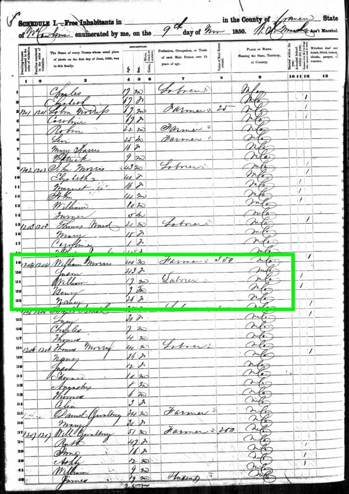 November 9, 1850 - Nancy MORRIS is in the household of William B. and Susan MacIntosh MORRIS. Her age is given as 26 here, meaning she was born about 1824.
