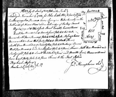 Plat for John Ledbetter land grant (1779/1785), mentions Rowland Ledbetter as chain carrier